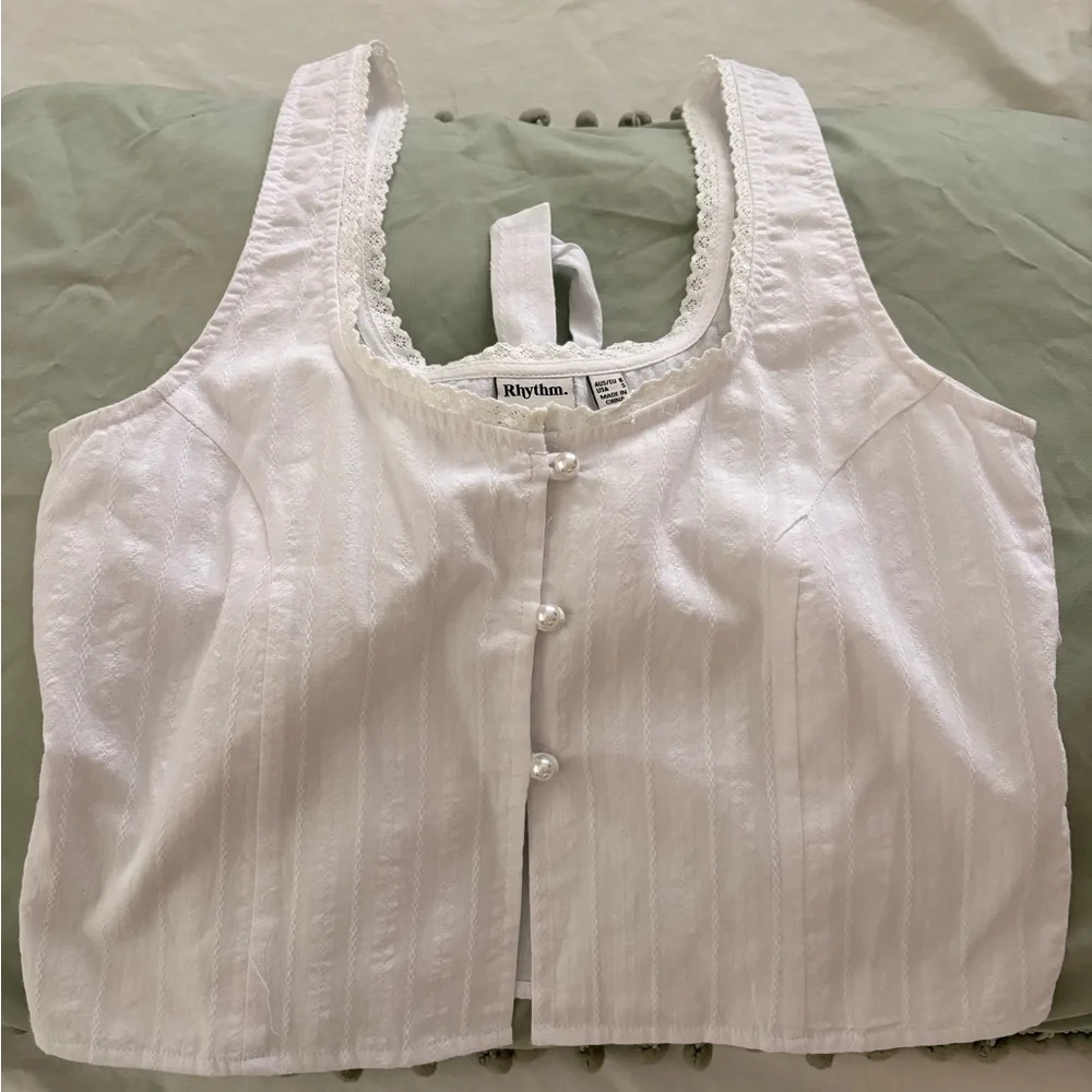 Rhythm Women’s White Lace-Trim Button Front Top - Picture 3 of 5